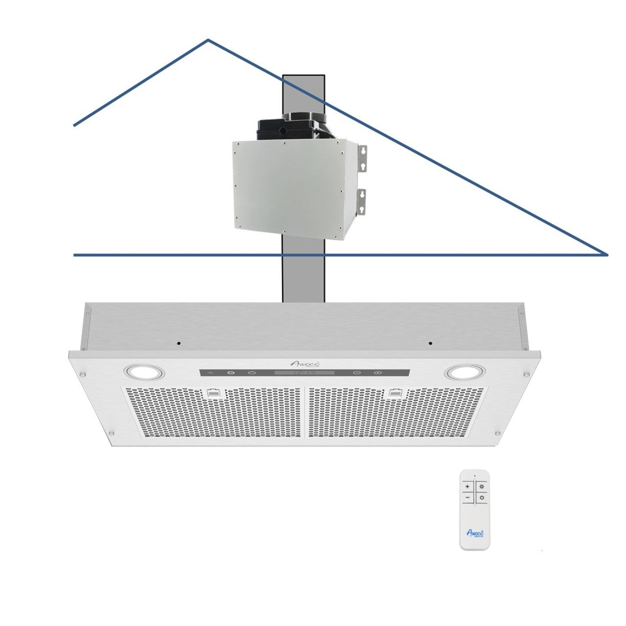 Awoco RH-IT06-R30 14-1/2”D Super Quiet Split Insert Ceiling Mount Stainless Steel Range Hood, 4-Speed, 800 CFM, LED Lights with 6” Blower & Remote Control (30"W 6" Vent)