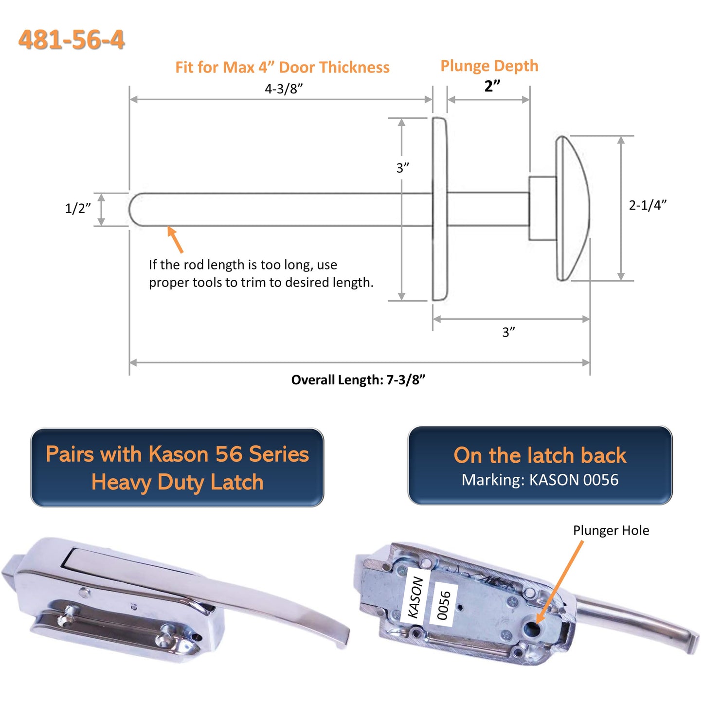 Kason 481-A Inside Release Handle, Glow in Dark, Push Rod for Door of Walk-in Coolers and Freezers