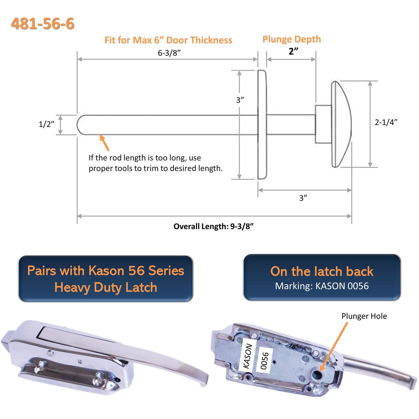 Kason 481-A Inside Release Handle, Glow in Dark, Push Rod for Door of Walk-in Coolers and Freezers