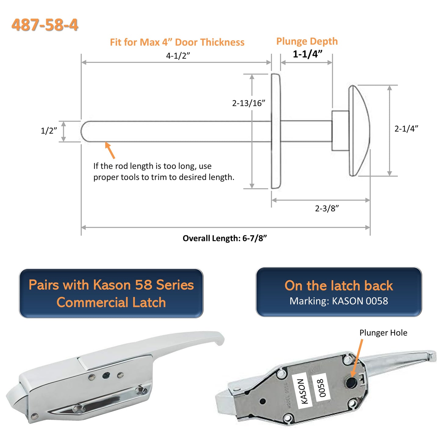 Kason 487-C Frost-Free Inside Release Handle, Glow in Dark, Fiberglass Push Rod for Door of Walk-in Coolers and Freezers