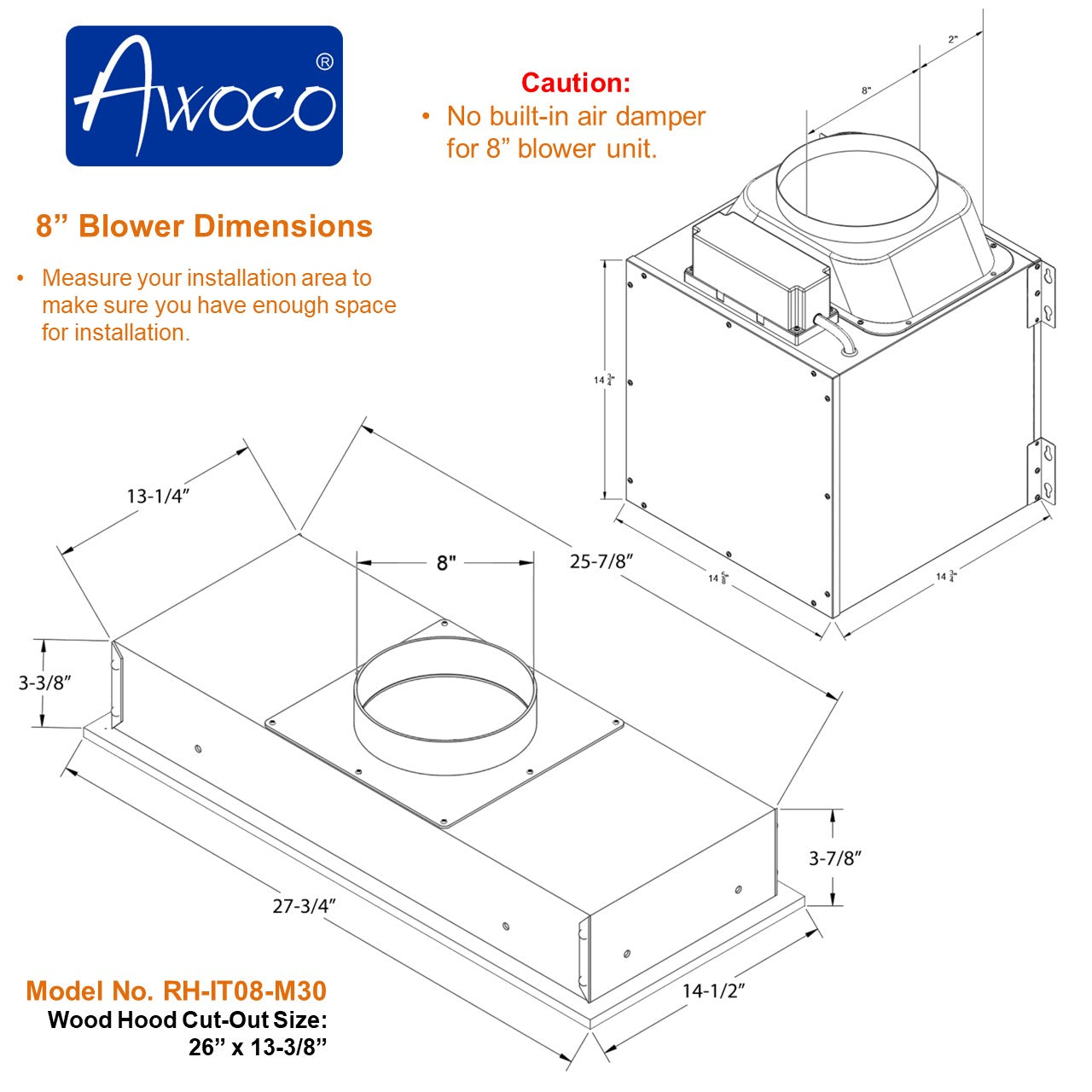 Awoco RH-IT08-M30 14-1/2"D Super Quiet Split Insert Stainless Steel Range Hood, 4-Speeds, 1000 CFM, Baffle Filters, LED Lights with 8” Blower (30"W 8" Vent)