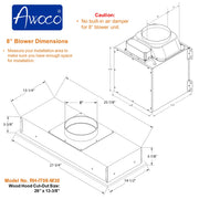 Awoco RH-IT08-M30 14-1/2"D Super Quiet Split Insert Stainless Steel Range Hood, 4-Speeds, 1000 CFM, Baffle Filters, LED Lights with 8” Blower (30"W 8" Vent)