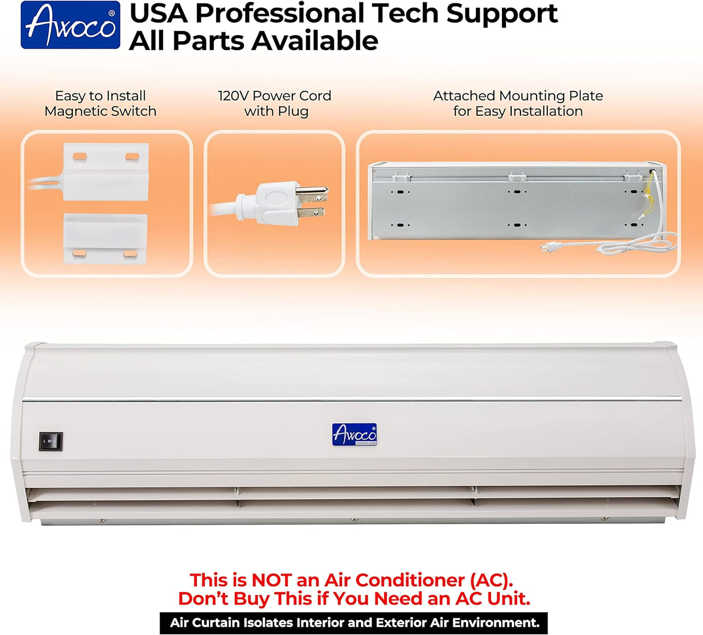 (Refurbished) Awoco FM3509 36" Elegant 2 Speeds 900 CFM Unheated Indoor Air Curtain with an Easy-Install Magnetic Door Switch