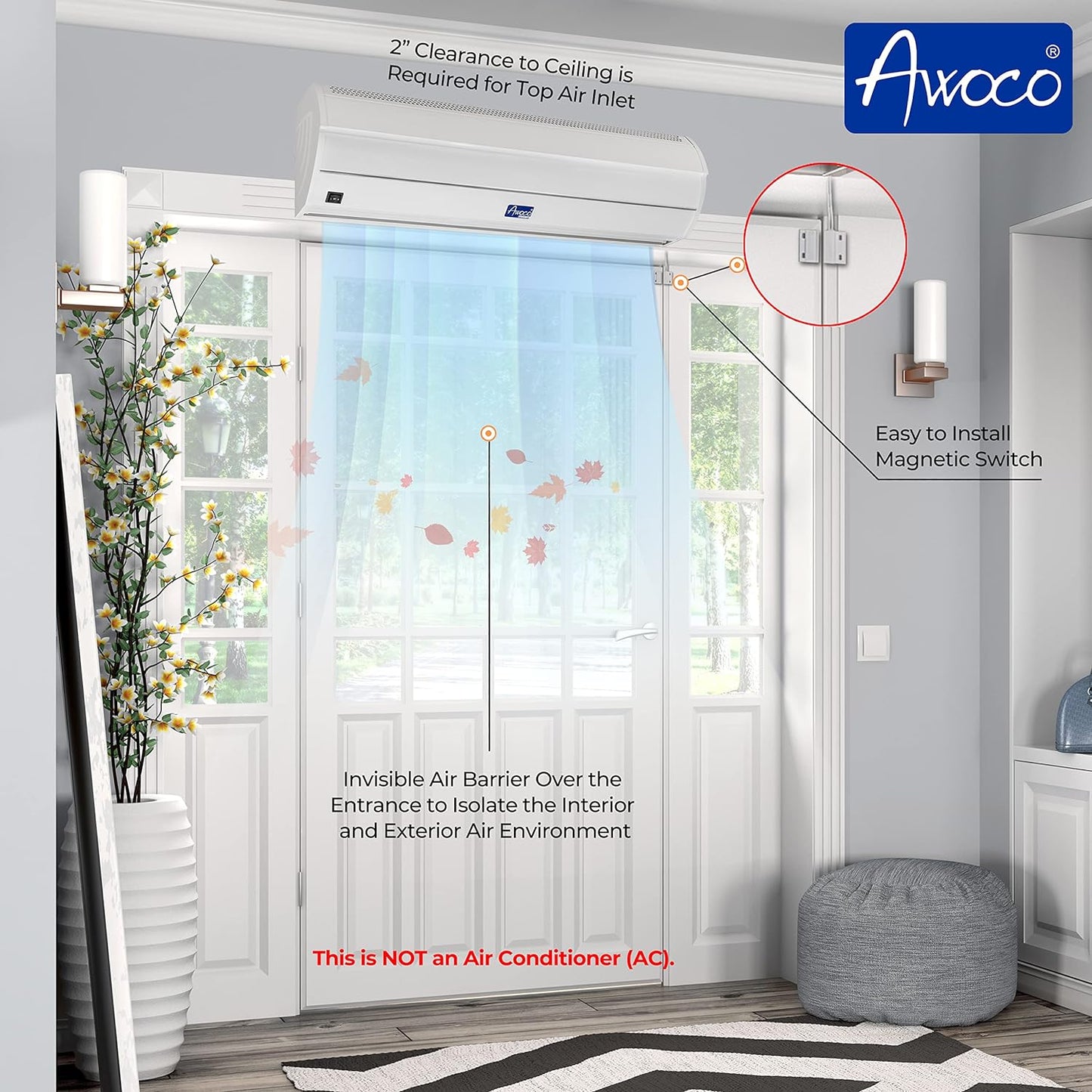 (Refurbished) Awoco FM3509 36" Elegant 2 Speeds 900 CFM Unheated Indoor Air Curtain with an Easy-Install Magnetic Door Switch