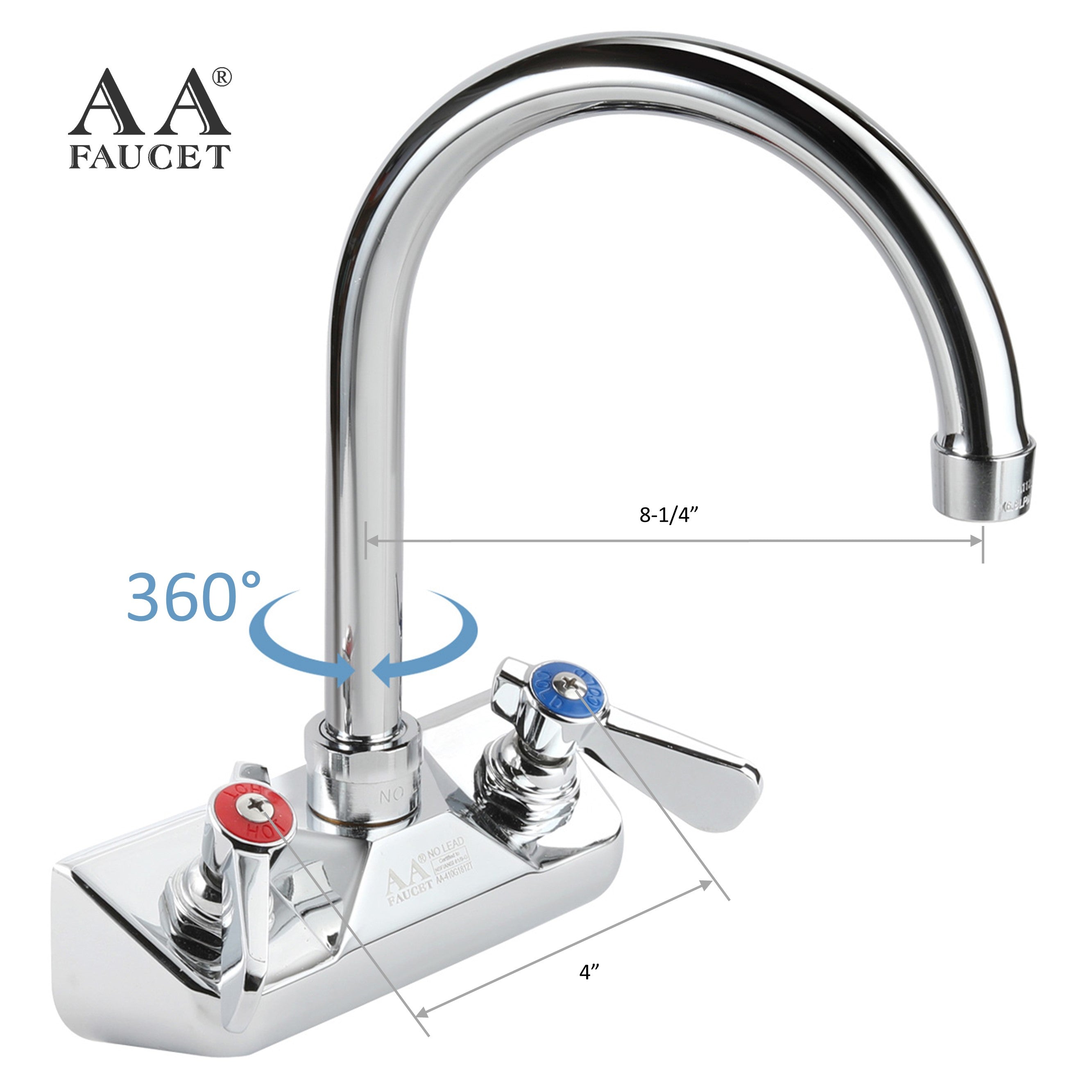 AA Faucet 4" Wall Mount No Lead Faucet with 8-1/4" Swivel Gooseneck Spout NSF Certified