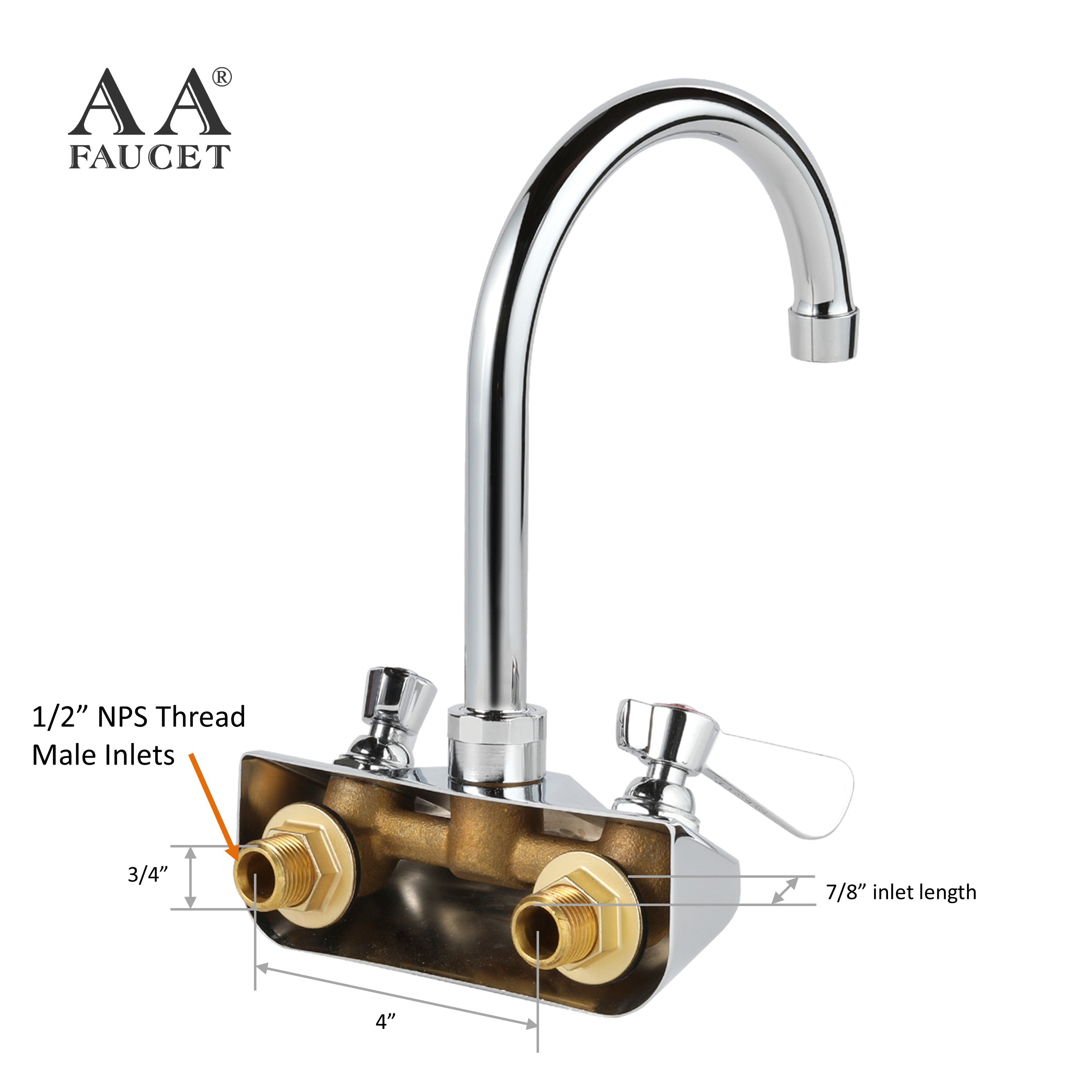 AA Faucet 4" Wall Mount No Lead Faucet with 8-1/4" Swivel Gooseneck Spout NSF Certified