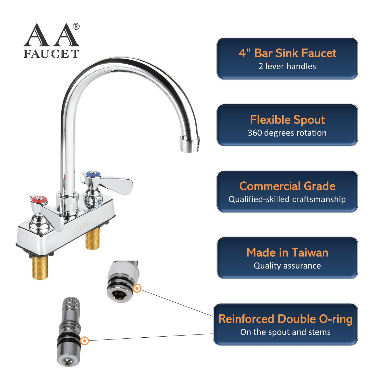 AA Faucet 4" Deck Mount Commercial Bar Sink Faucet with 6" Gooseneck Spout, Brass Construction Chrome Polished for Restaurant Kitchen NSF Approved