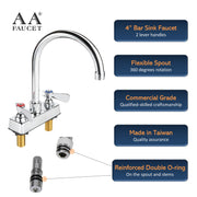 AA Faucet 4" Deck Mount Commercial Bar Sink Faucet with 6" Gooseneck Spout, Brass Construction Chrome Polished for Restaurant Kitchen NSF Approved