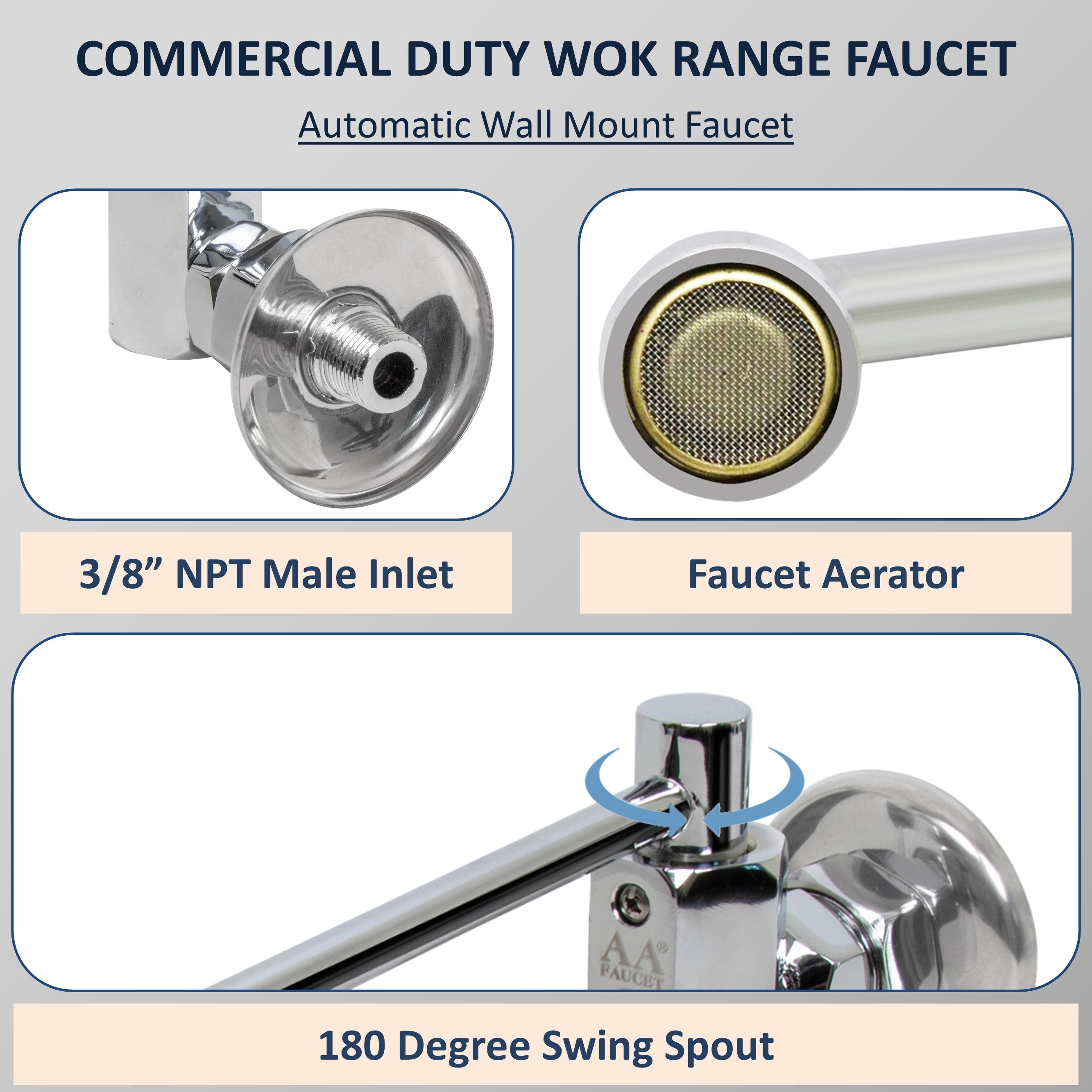 AA Faucet Wok Range Automatic No Lead Faucet with 14" Spout & 3/8" Male Inlet
