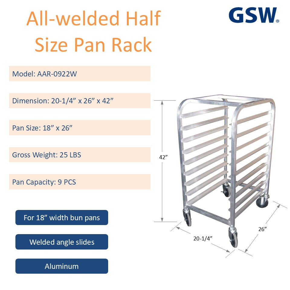 GSW AAR-0922W All Welded Aluminum Half Size Bun/Sheet Pan Rack Holds 9 Pans for Commercial Kitchen, 20-1/4” x 26” x 42”