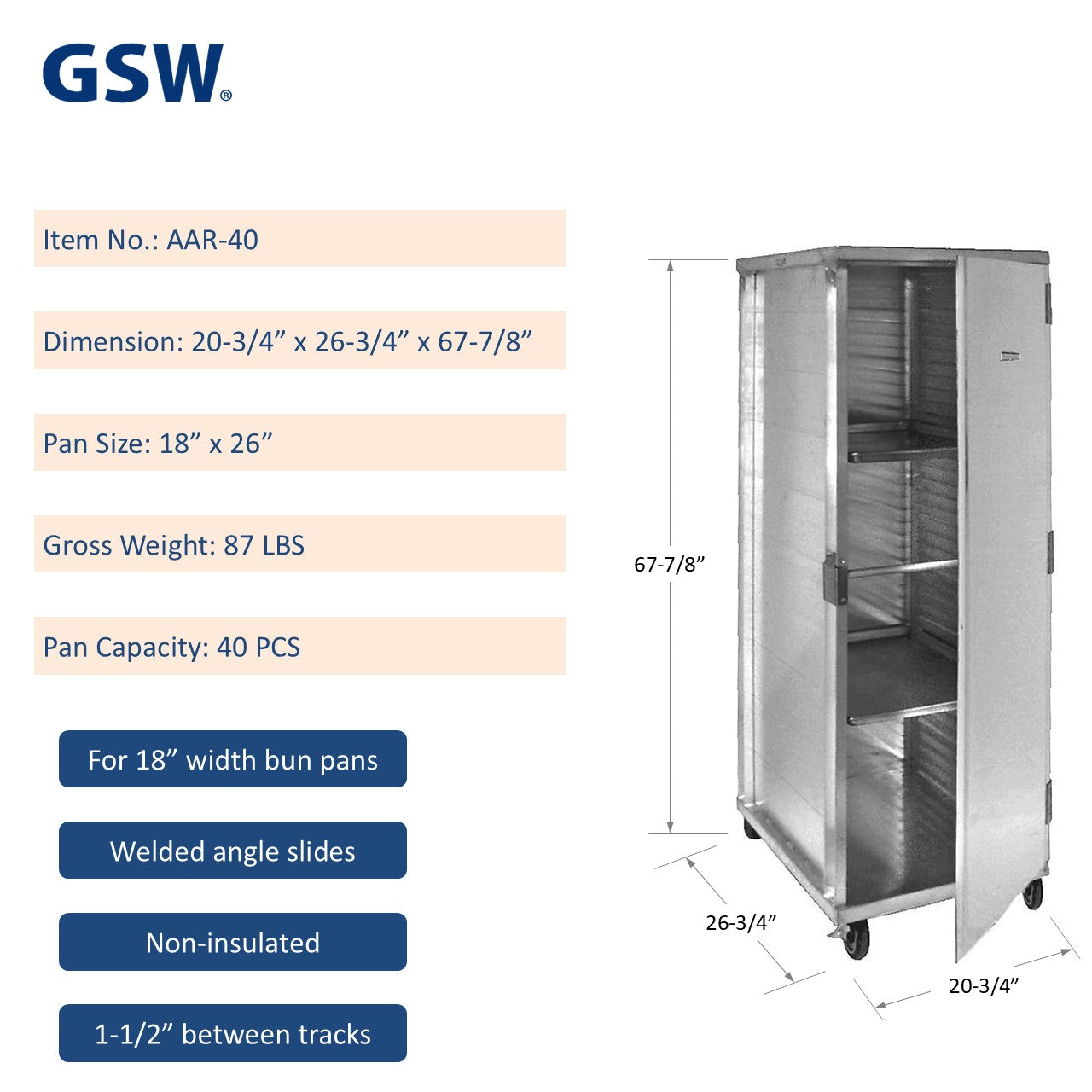 GSW AAR-40 All Welded Aluminum Enclosed Mobile Bun/Sheet Pan Rack Cabinet Holds 40 Pans, Non-Insulated for Commercial Kitchen