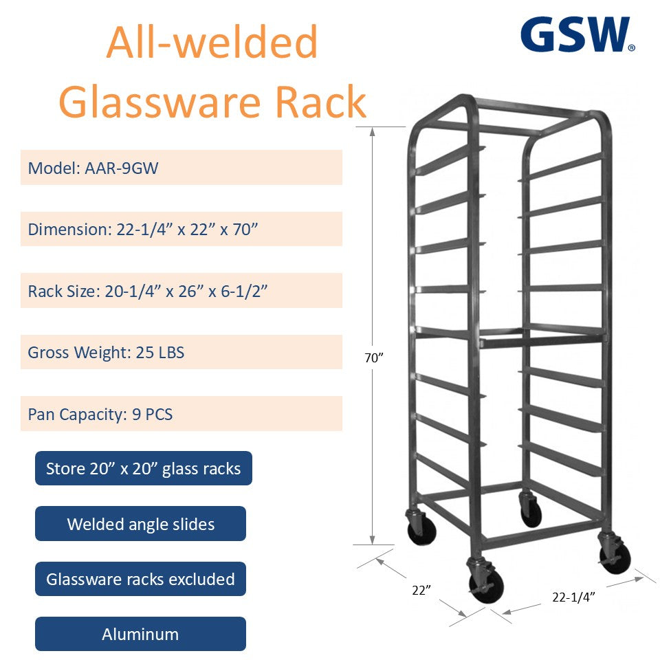 GSW AAR-9GW All Welded Aluminum Glassware Rack Storage holds 9 Pans, Stores 20” x 20” Glass Racks for Commercial Kitchen, Glassware Racks Excluded, 22-1/4” x 22” x 70”