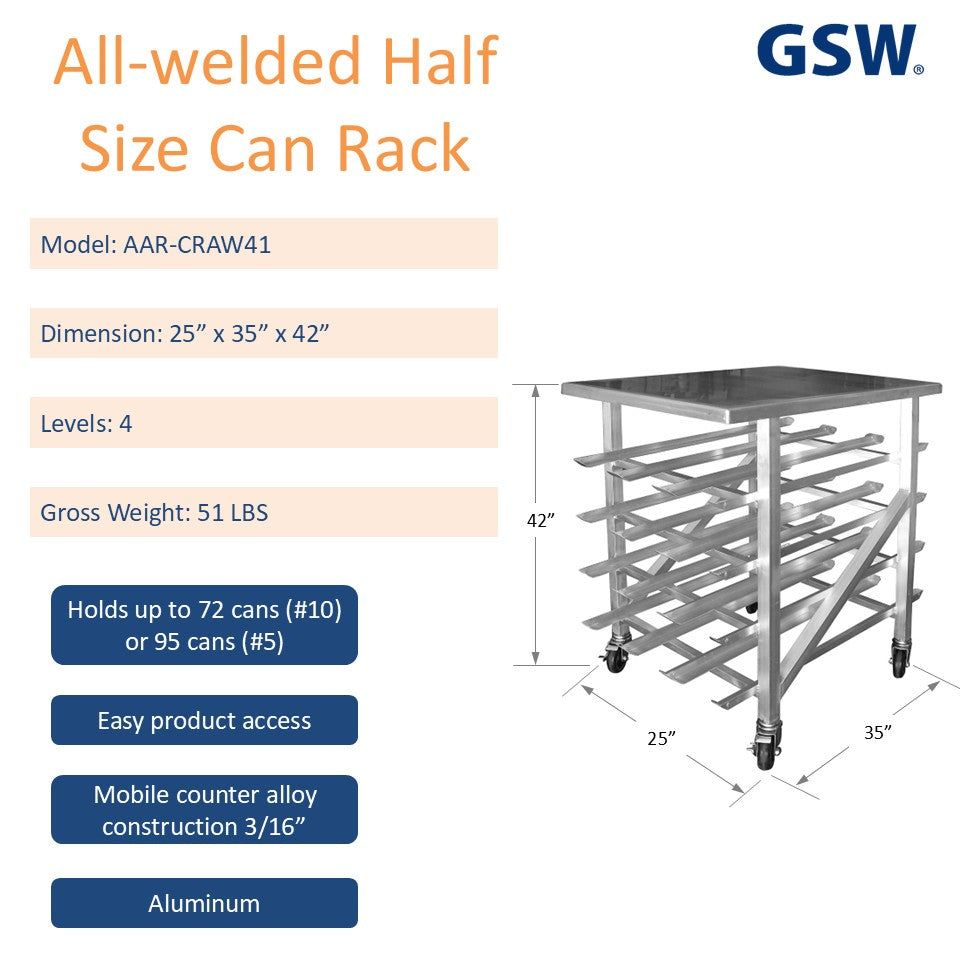 GSW AAR-CRAW41 All Welded Aluminum Half Size Countertop Can Rack Storage holds 72 Cans (#10) or 95 Cans (#5) for Commercial Kitchen, 25” x 35” x 42”