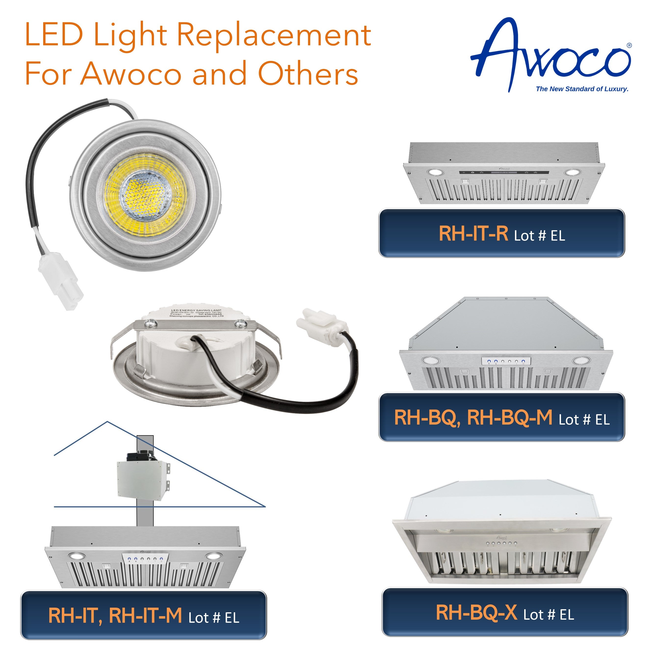 [2-1/2" Folded Edge] Awoco ON-E01-32, 2 Pcs of 2-1/2" WARM 12VDC LED Lights for Awoco RH-IT & RH-BQ, Leyso RH-HQ & RH-WS Range Hoods