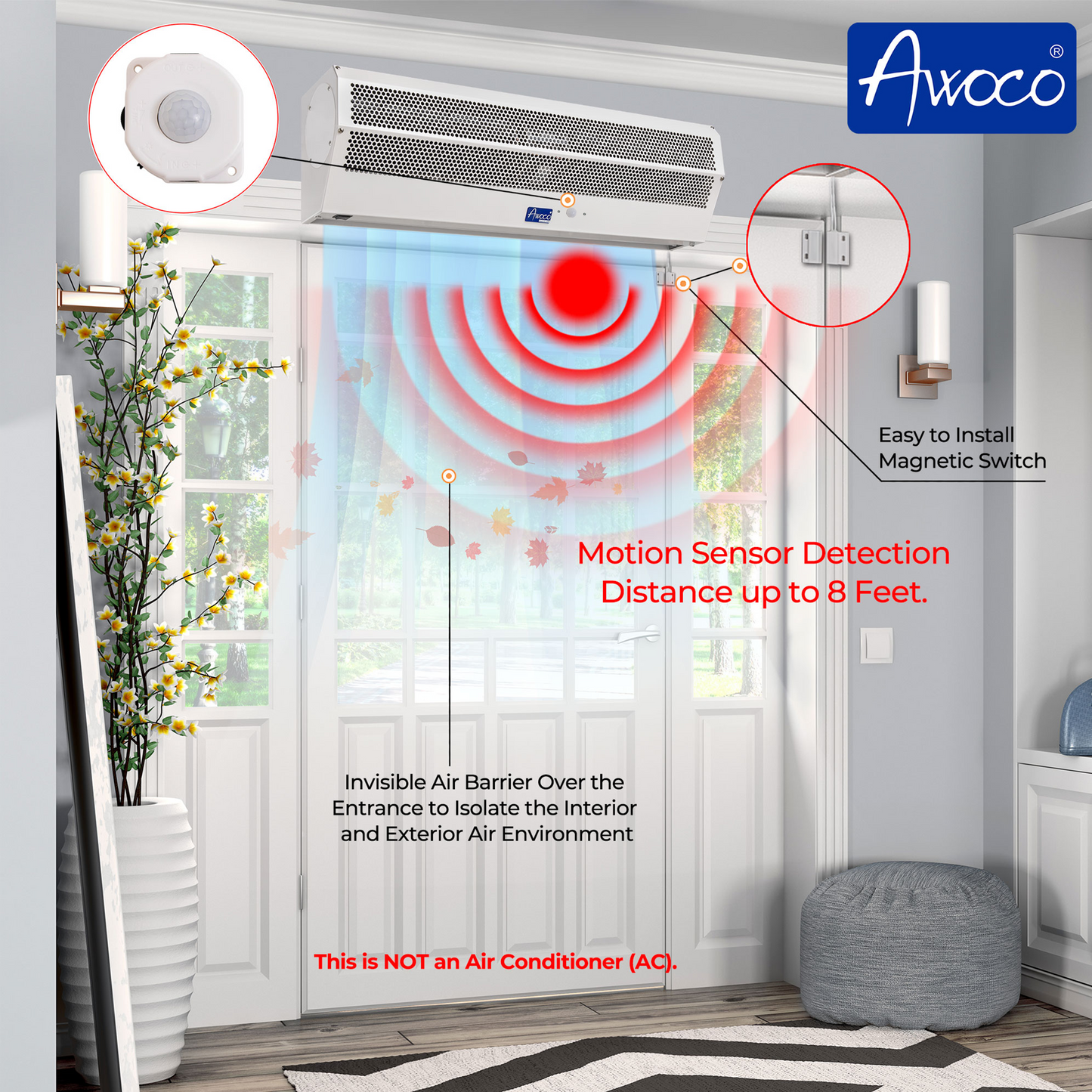 Awoco 24” Early Turn On Super Power 2 Speeds 800 CFM Indoor Air Curtain, CE Certified, 120V Unheated with Magnetic Switch & Motion Sensor Detection