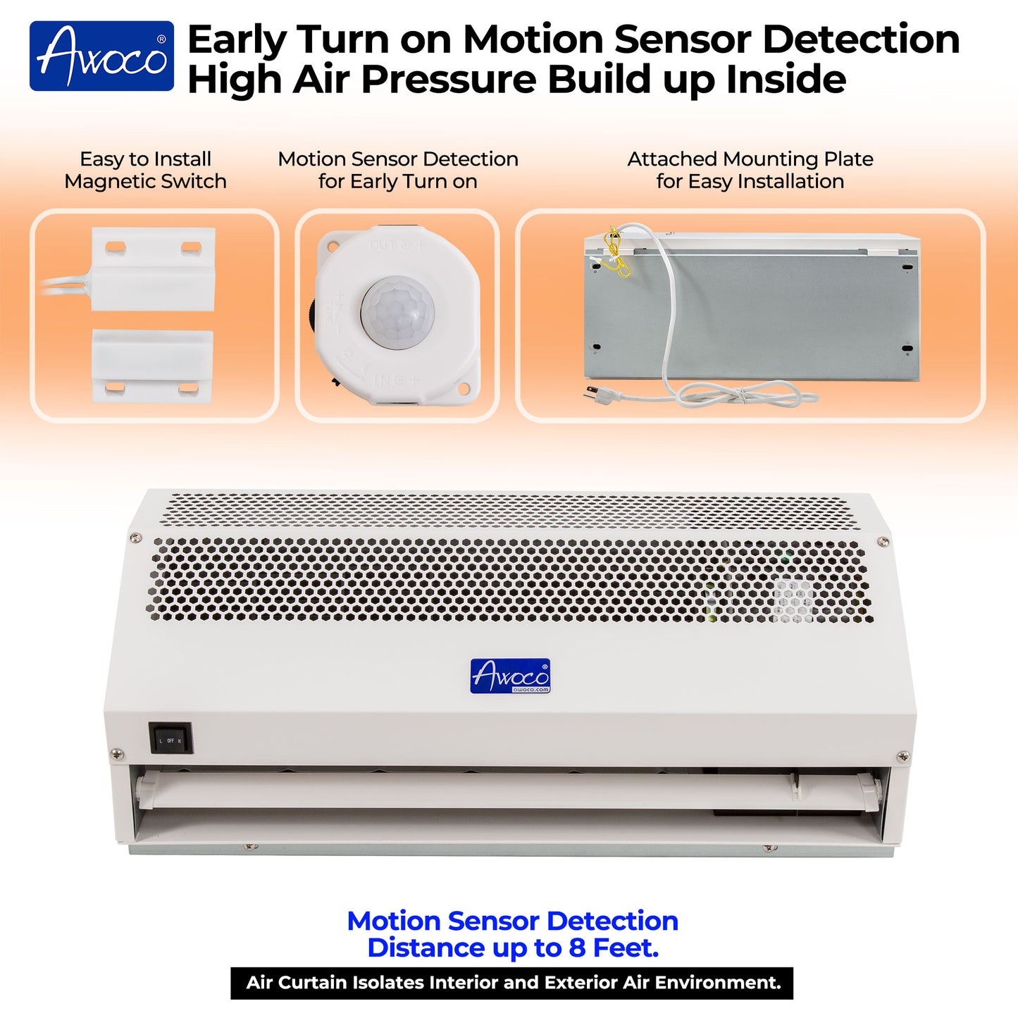 Awoco 24” Early Turn On Super Power 2 Speeds 800 CFM Indoor Air Curtain, CE Certified, 120V Unheated with Magnetic Switch & Motion Sensor Detection