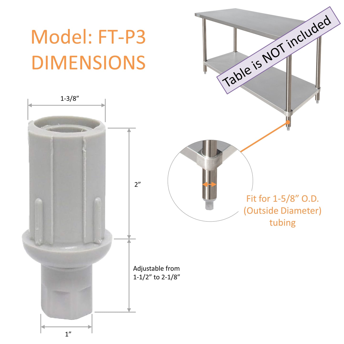 Leyso Set of 4 Adjustable Height Plastic Bullet Feet for Stainless Steel 1-5/8" O.D Tubing, FT-P3