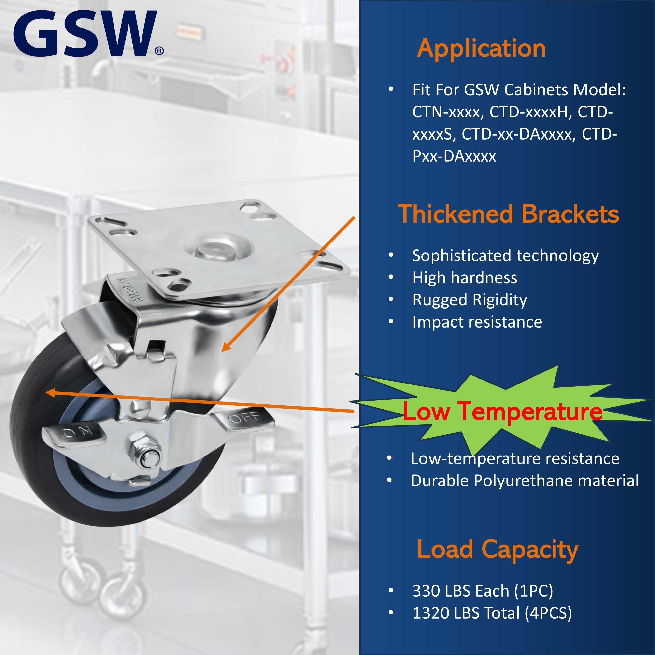 GSW 4" Low Temperature Casters - Plate Casters - Set of 4 Polyurethane Caster with 1320 Lbs Loading Capacity (Swivel with Brake) KP5114U