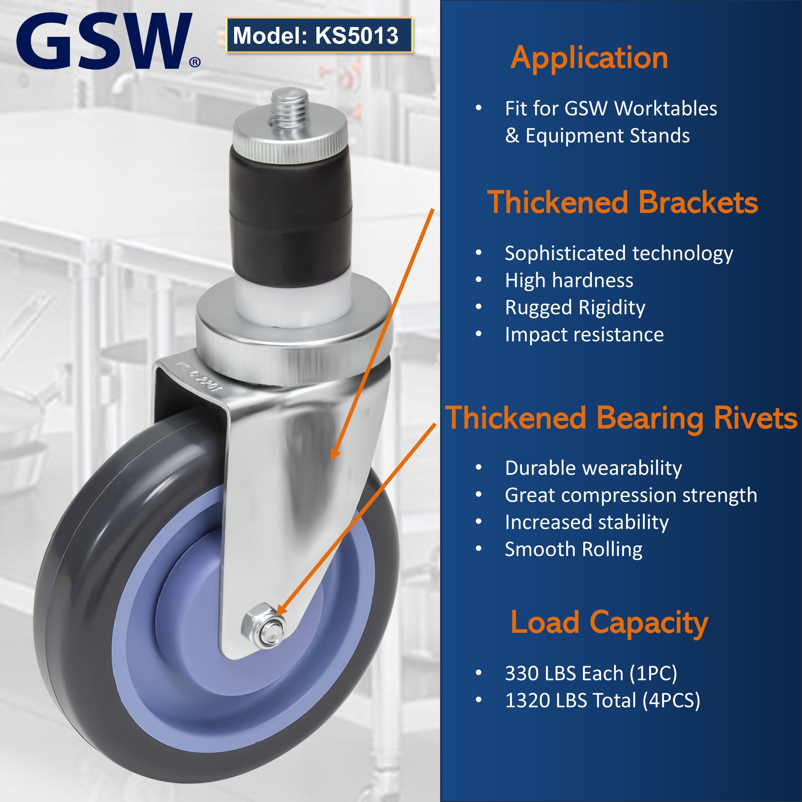 GSW 4" Heavy Duty Casters Wheels with Expanding Stem - Loading Capacity: 1320 lbs; Use for Worktables and Equipment Stands (Swivel)