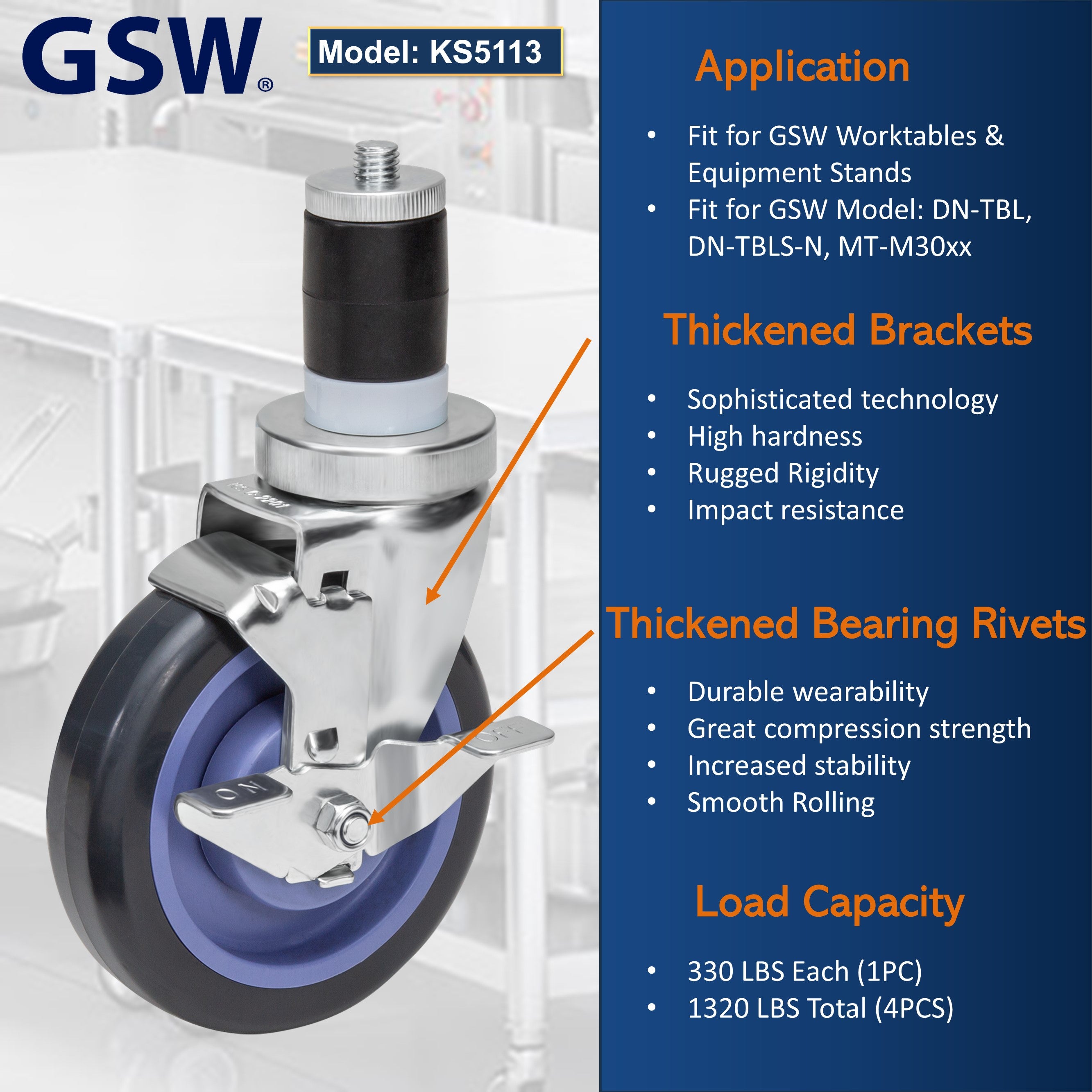 GSW 4" Heavy Duty Casters Wheels with Expanding Stem - Loading Capacity: 1320 lbs. Use for Worktables and Equipment Stands (Swivel with Brake)