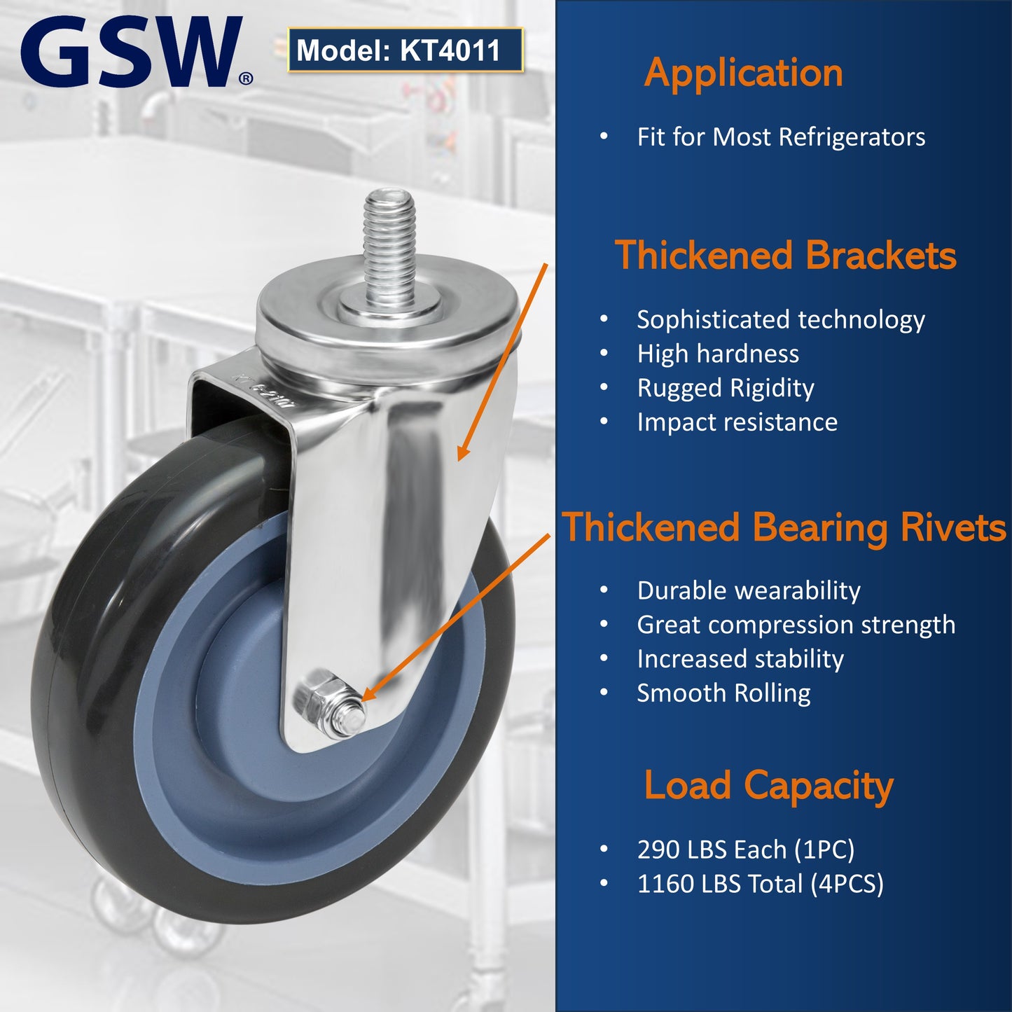 GSW 3" Caster Replacement Shopping Cart Wheels, Polyurethane Stem Casters Set of 4 for most refrigerators, Cart with Loading Capacity 1160 Lbs (Swivel)