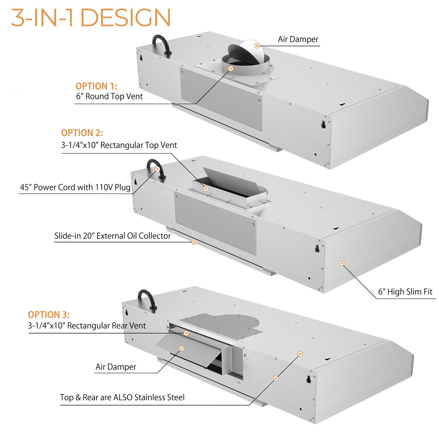 Awoco RH-C06-A42 Classic 6” High 1mm Thick Stainless Steel Under Cabinet 4 Speeds 900 CFM Range Hood with 2 LED Lights & 2 Levels of Lighting (42" W All-In-One)