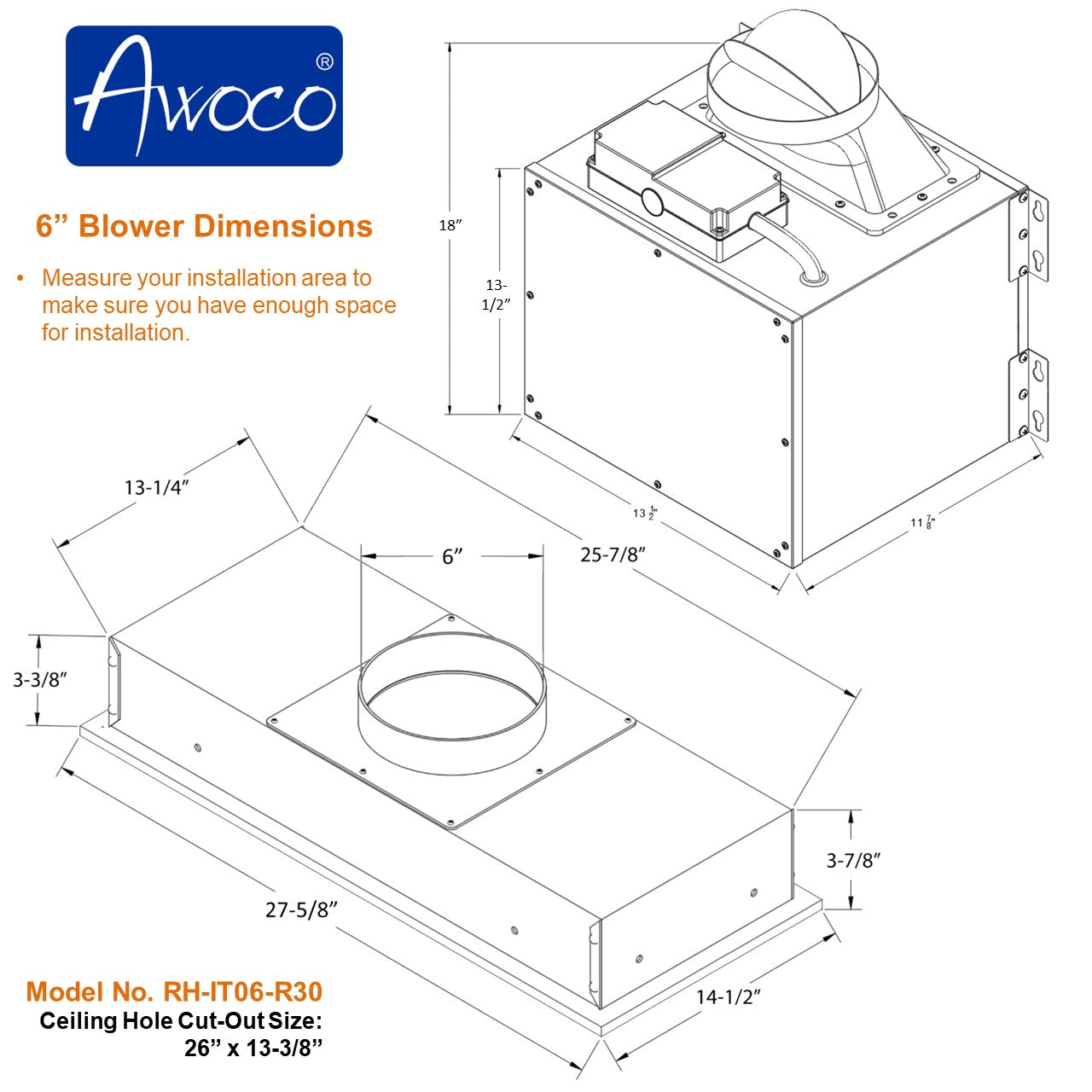Awoco RH-IT06-R30 14-1/2”D Super Quiet Split Insert Ceiling Mount Stainless Steel Range Hood, 4-Speed, 800 CFM, LED Lights with 6” Blower & Remote Control (30"W 6" Vent)