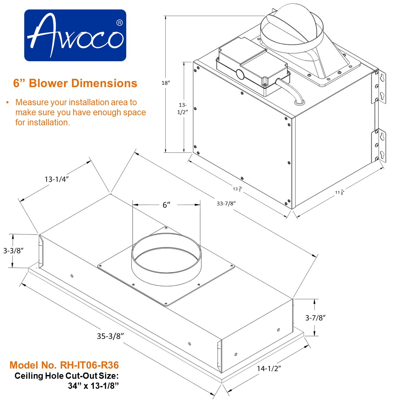 Awoco RH-IT06-R36 14-1/2”D Super Quiet Split Insert Ceiling Mount Stainless Steel Range Hood, 4-Speed, 800 CFM, LED Lights with 6” Blower & Remote Control (36"W 6" Vent)