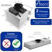 Awoco RH-IT06-R30 14-1/2”D Super Quiet Split Insert Ceiling Mount Stainless Steel Range Hood, 4-Speed, 800 CFM, LED Lights with 6” Blower & Remote Control (30"W 6" Vent)