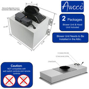 Awoco RH-IT06-36 11-3/4"D Super Quiet Split Insert Stainless Steel Range Hood, 4-Speed, 800 CFM, LED Lights, Mesh Filters with 6” Blower (36"W 6" Vent)