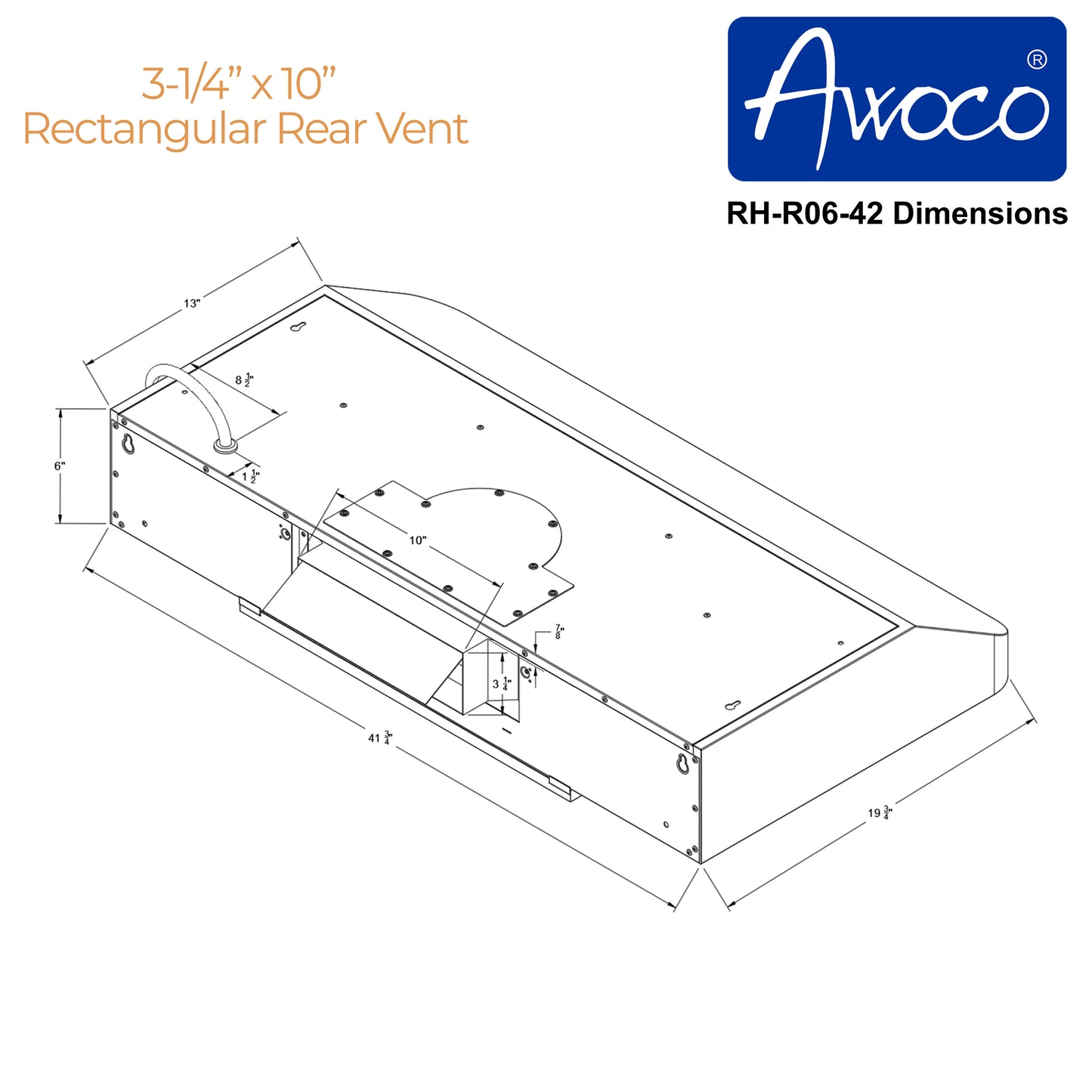 Awoco RH-R06-42 Rectangle Vent 6" High Stainless Steel Under Cabinet 4 Speeds 900CFM Range Hood with LED Lights (42"W Rear Vent)