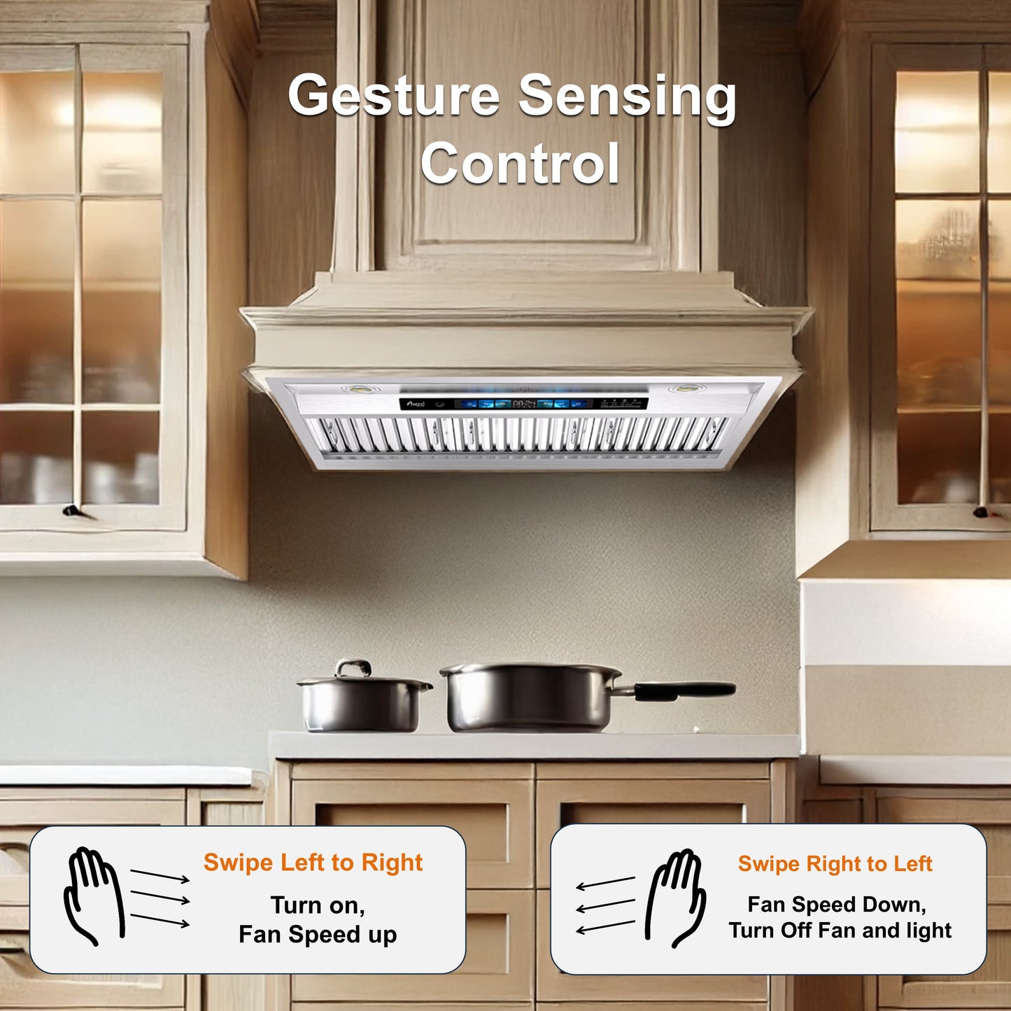 Awoco 36" Built-in Insert Stainless Steel Range Hood, Kitchen Hood with 4-Speed Exhaust Fan, Voice, Gesture, Touch & Remote Controls, 6" Round Top Vent, 800 CFM, Dimmable LED Lights, Baffle Filters