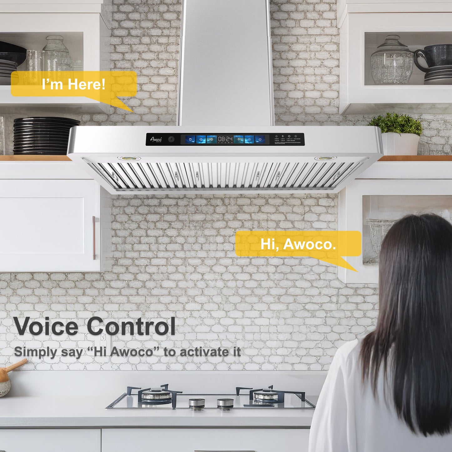 Awoco 36" Wall Mount Range Hood, T-Shape Kitchen Hood with 800 CFM, Voice, Gesture, Touch & Remote Controls, Stainless Steel, 6" Vent, Dimmable LED Lights, Baffle Filters, Adjustable Chimney