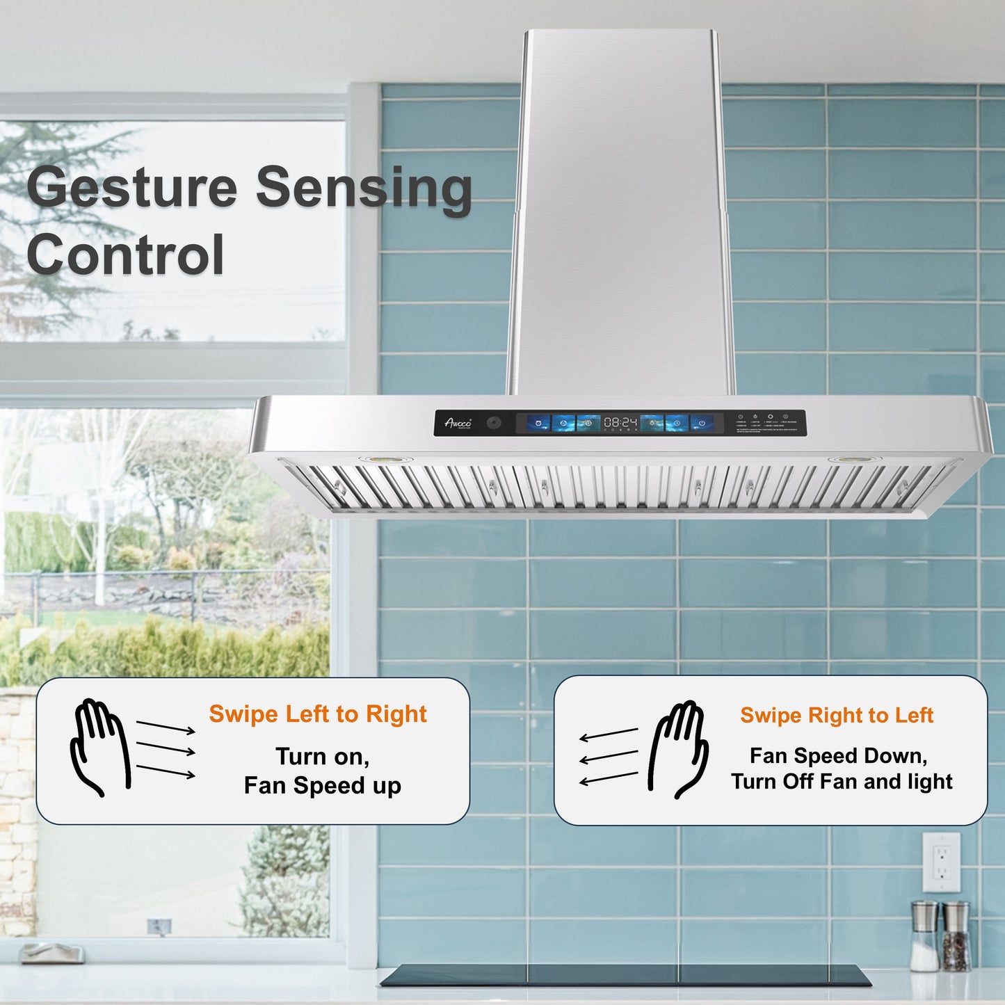 Awoco 36" Wall Mount Range Hood, T-Shape Kitchen Hood with 800 CFM, Voice, Gesture, Touch & Remote Controls, Stainless Steel, 6" Vent, Dimmable LED Lights, Baffle Filters, Adjustable Chimney
