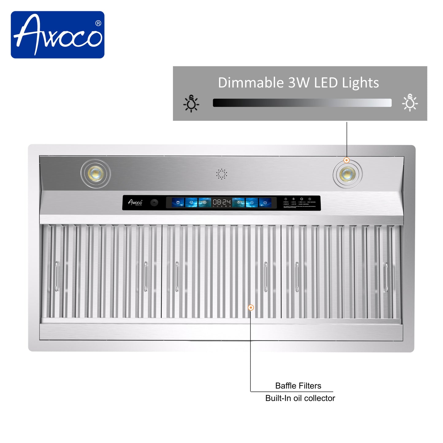 Awoco 36" Built-in Insert Stainless Steel Range Hood, Kitchen Hood with 4-Speed Exhaust Fan, Voice, Gesture, Touch & Remote Controls, 6" Round Top Vent, 800 CFM, Dimmable LED Lights, Baffle Filters