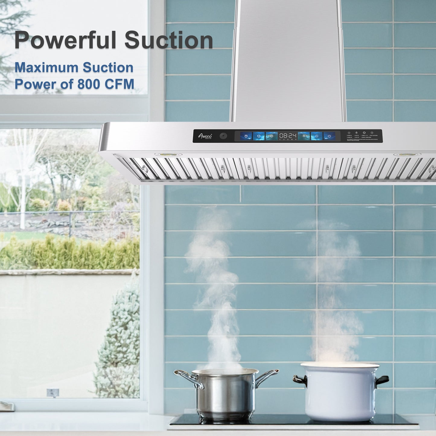 Awoco 36" Wall Mount Range Hood, T-Shape Kitchen Hood with 800 CFM, Voice, Gesture, Touch & Remote Controls, Stainless Steel, 6" Vent, Dimmable LED Lights, Baffle Filters, Adjustable Chimney