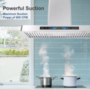 Awoco 36" Wall Mount Range Hood, T-Shape Kitchen Hood with 800 CFM, Voice, Gesture, Touch & Remote Controls, Stainless Steel, 6" Vent, Dimmable LED Lights, Baffle Filters, Adjustable Chimney