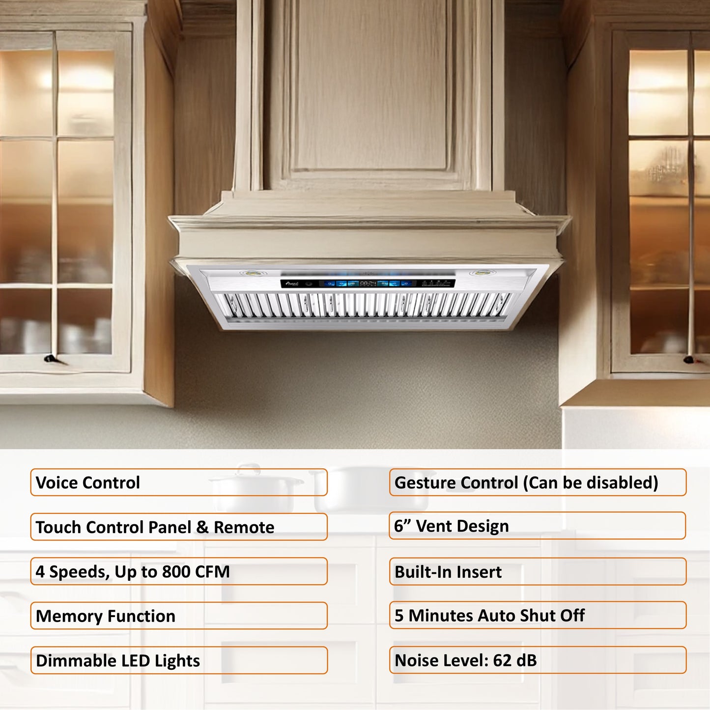 Awoco 36" Built-in Insert Stainless Steel Range Hood, Kitchen Hood with 4-Speed Exhaust Fan, Voice, Gesture, Touch & Remote Controls, 6" Round Top Vent, 800 CFM, Dimmable LED Lights, Baffle Filters