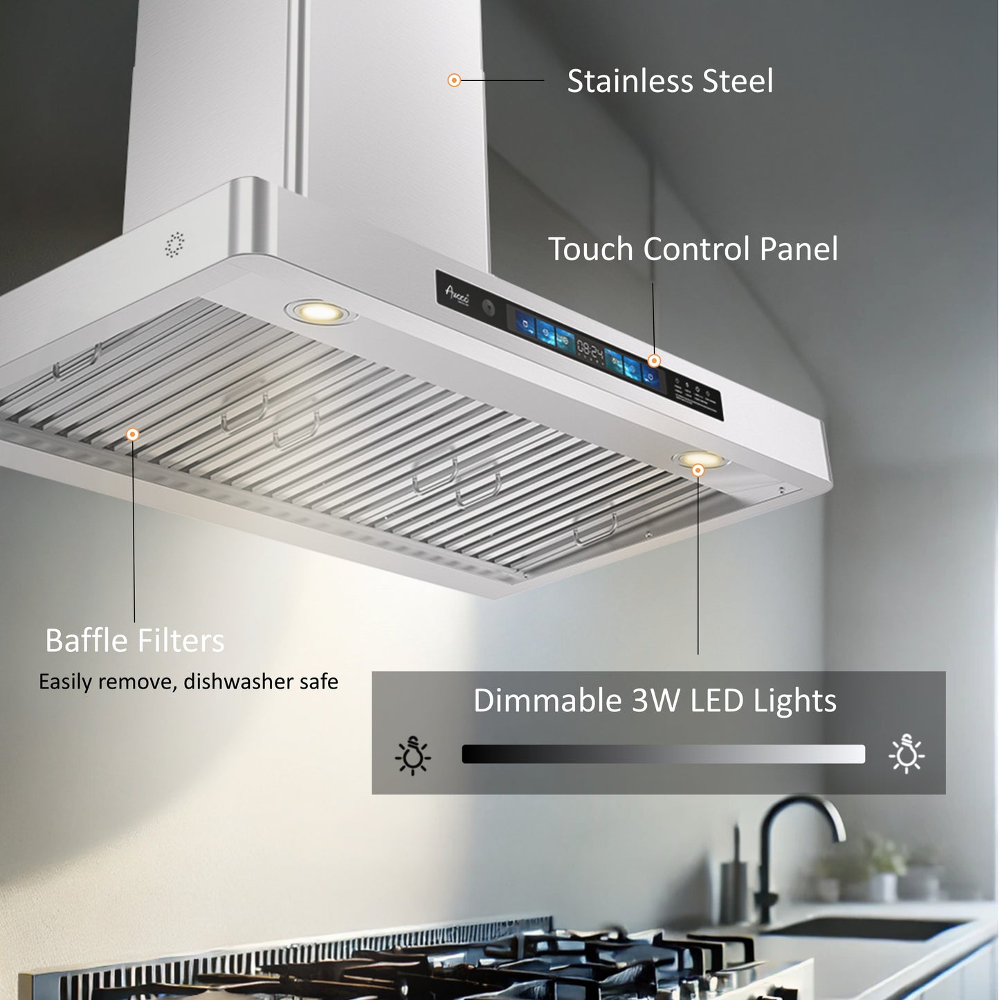 Awoco 36" Wall Mount Range Hood, T-Shape Kitchen Hood with 800 CFM, Voice, Gesture, Touch & Remote Controls, Stainless Steel, 6" Vent, Dimmable LED Lights, Baffle Filters, Adjustable Chimney