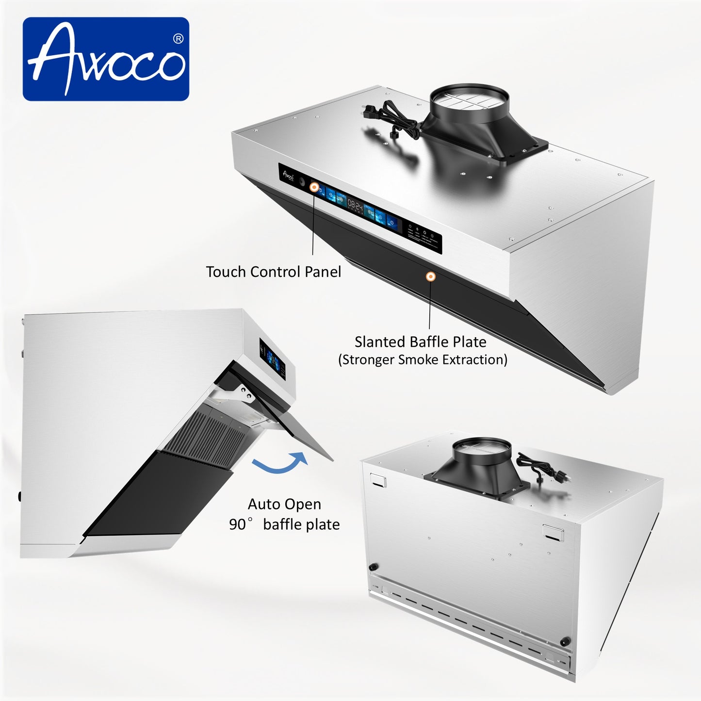 Awoco 36" Under Cabinet Range Hood, Slant Vent Design, 4 Speeds Exhaust Fan with 800 CFM, Voice, Gesture, Touch & Remote Control, 6" Vent, Dimmable LED Light Bars