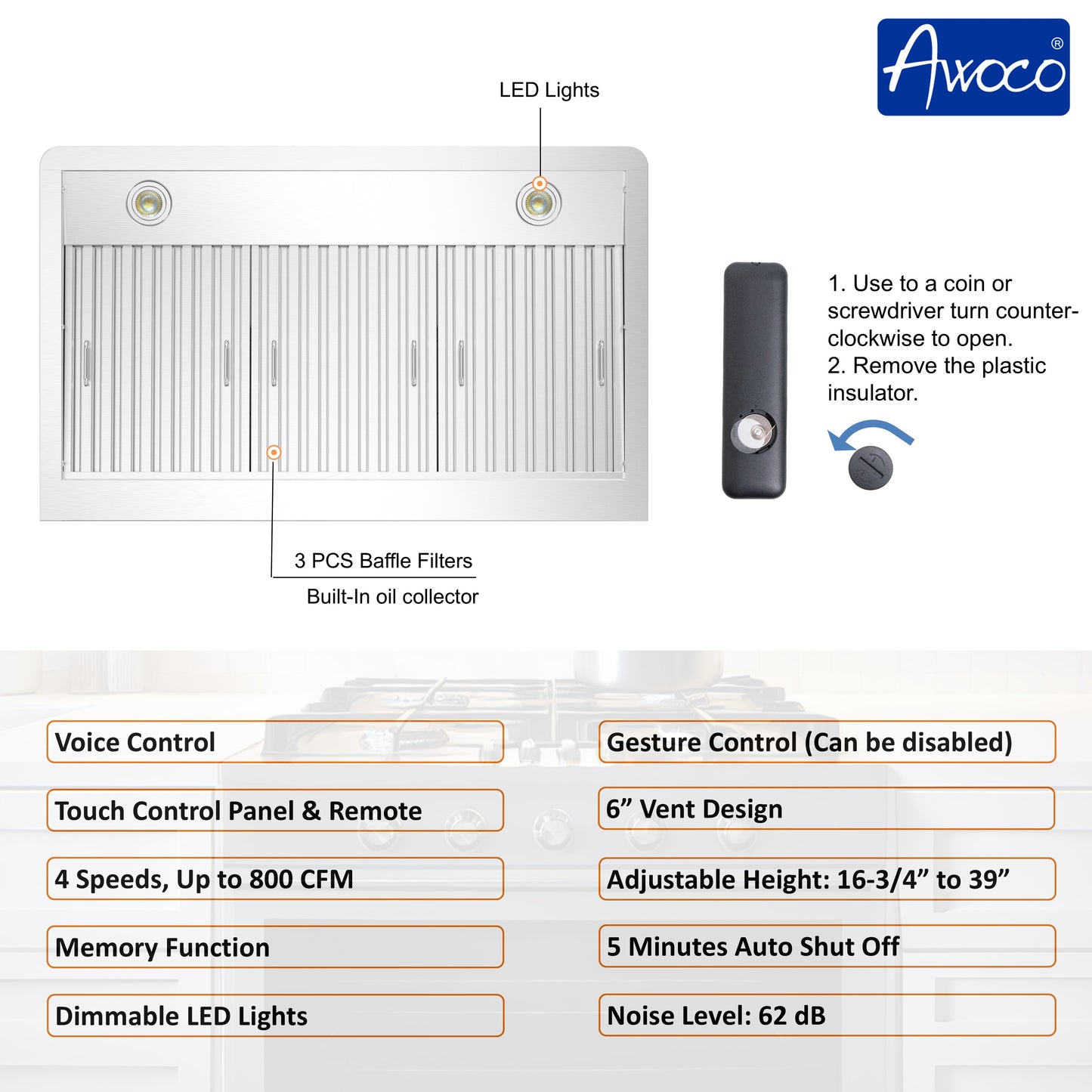 Awoco 36" Wall Mount Range Hood, T-Shape Kitchen Hood with 800 CFM, Voice, Gesture, Touch & Remote Controls, Stainless Steel, 6" Vent, Dimmable LED Lights, Baffle Filters, Adjustable Chimney