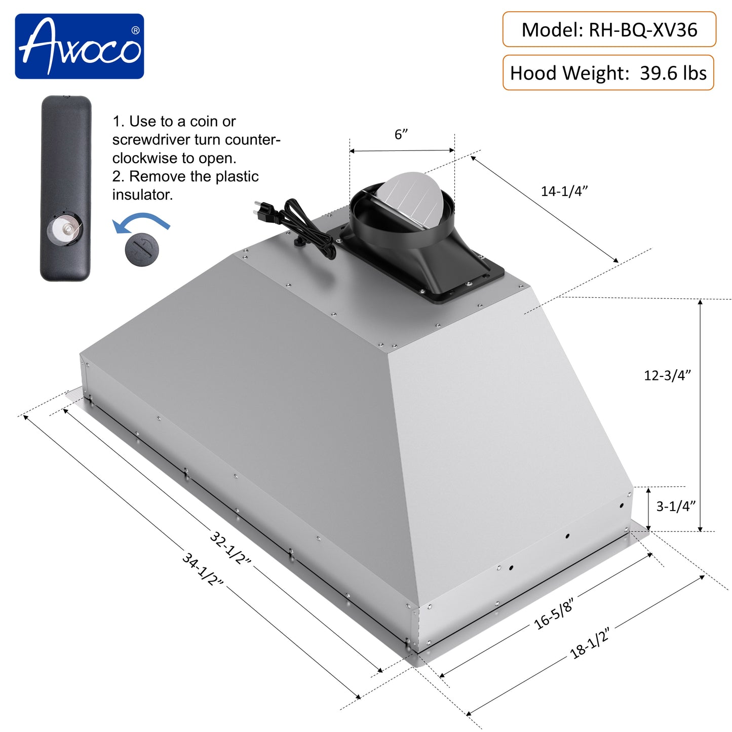 Awoco 36" Built-in Insert Stainless Steel Range Hood, Kitchen Hood with 4-Speed Exhaust Fan, Voice, Gesture, Touch & Remote Controls, 6" Round Top Vent, 800 CFM, Dimmable LED Lights, Baffle Filters