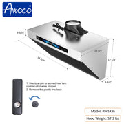 Awoco 36" Under Cabinet Range Hood, Slant Vent Design, 4 Speeds Exhaust Fan with 800 CFM, Voice, Gesture, Touch & Remote Control, 6" Vent, Dimmable LED Light Bars