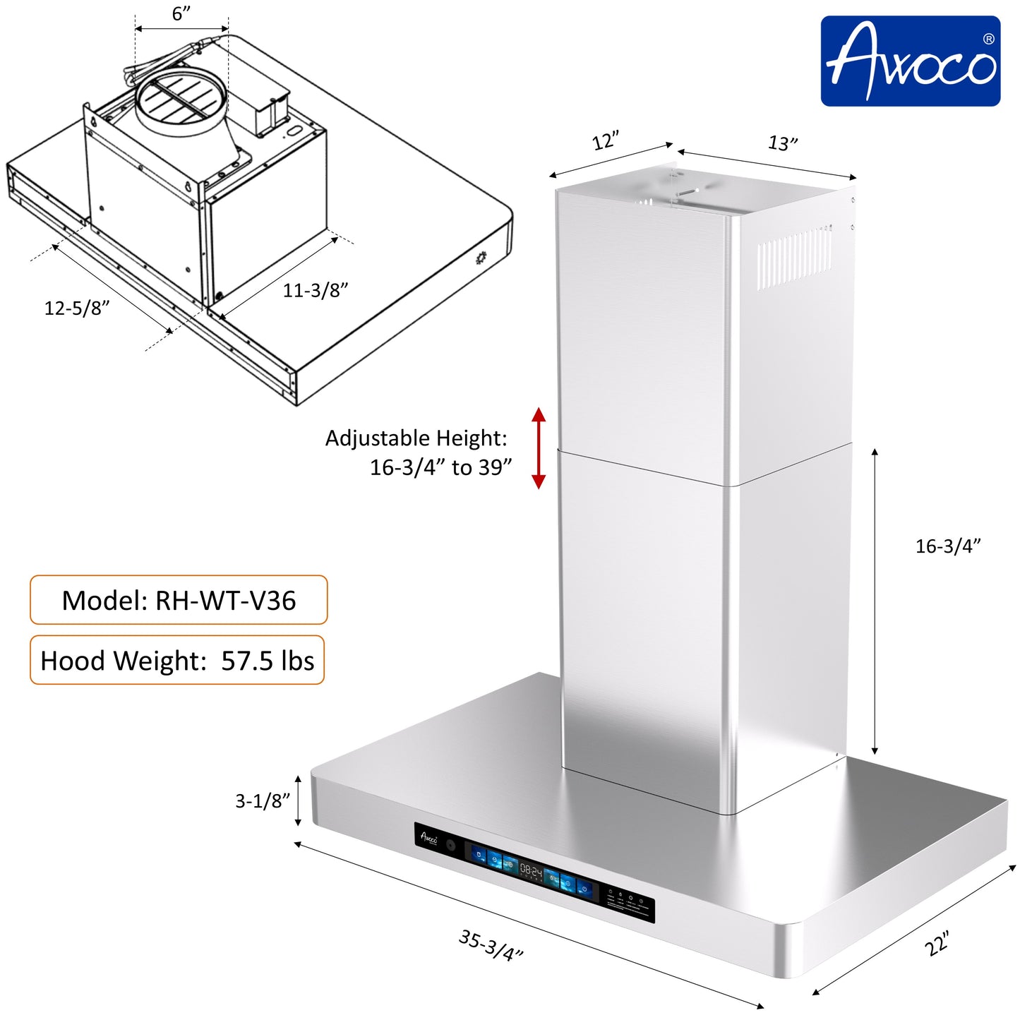 Awoco 36" Wall Mount Range Hood, T-Shape Kitchen Hood with 800 CFM, Voice, Gesture, Touch & Remote Controls, Stainless Steel, 6" Vent, Dimmable LED Lights, Baffle Filters, Adjustable Chimney
