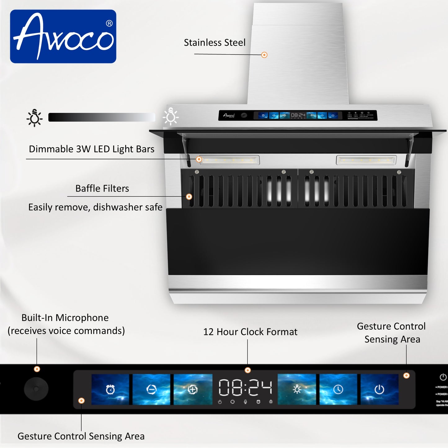 Awoco 30" Wall Mount Range Hood, Slant Vent Design, 4 Speeds Exhaust Fan with 800 CFM, Voice, Gesture, Touch & Remote Control, 6" Vent, Dimmable LED Light Bars, Adjustable Chimney up to 39"