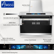 Awoco 30" Wall Mount Range Hood, Slant Vent Design, 4 Speeds Exhaust Fan with 800 CFM, Voice, Gesture, Touch & Remote Control, 6" Vent, Dimmable LED Light Bars, Adjustable Chimney up to 39"