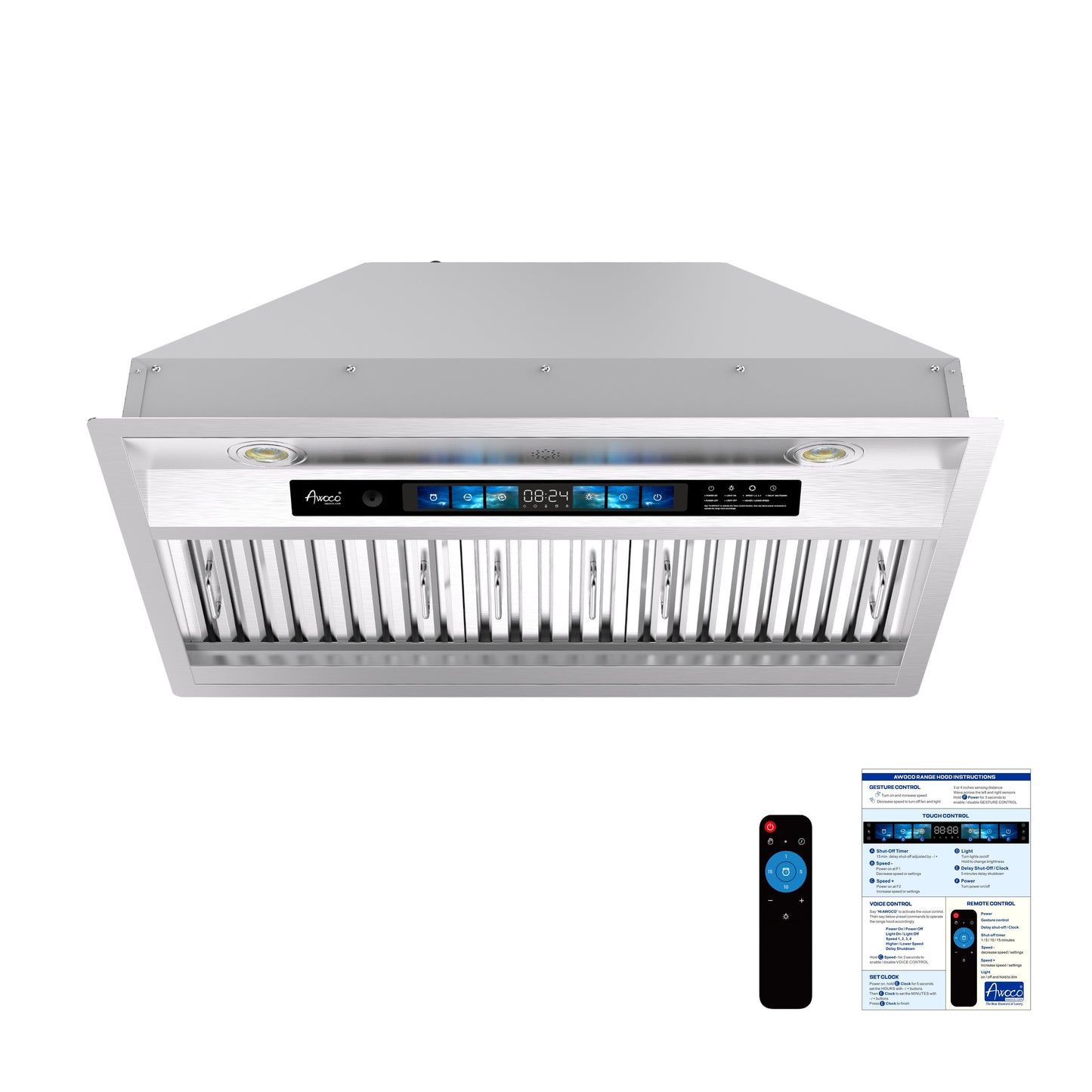Awoco 30" Built-in Insert Stainless Steel Range Hood, Kitchen Hood with 4-Speed Exhaust Fan, Voice, Gesture, Touch & Remote Controls, 6" Round Top Vent, 800 CFM, Dimmable LED Lights, Baffle Filters