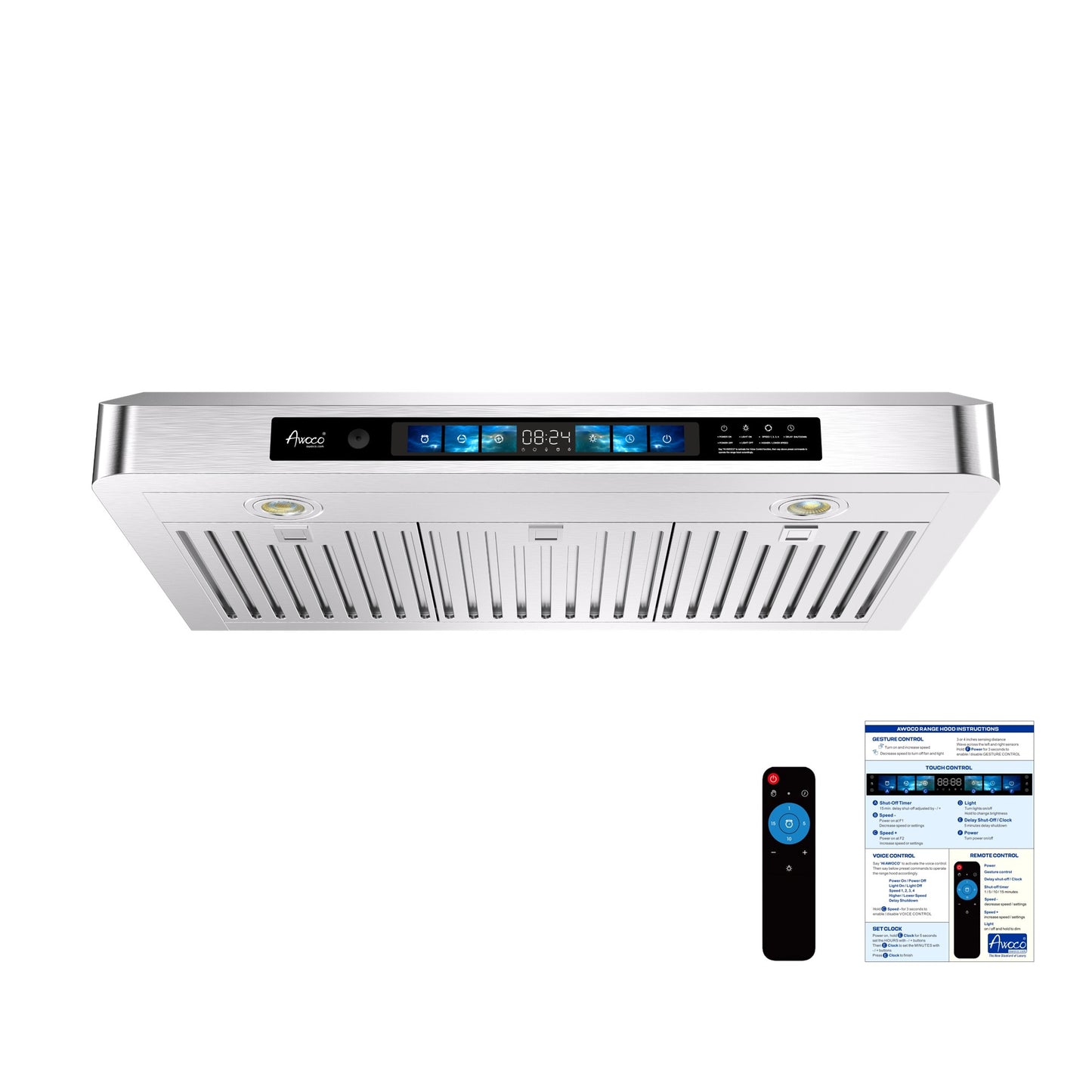 Awoco 30" Under Cabinet Range Hood with Voice, Gesture, Touch & Remote Control, 900 CFM Kitchen Hood with 4-Speed, Stainless Steel Stove Hood with 3 Kitchen Vents, LED Lights, Baffle Filters