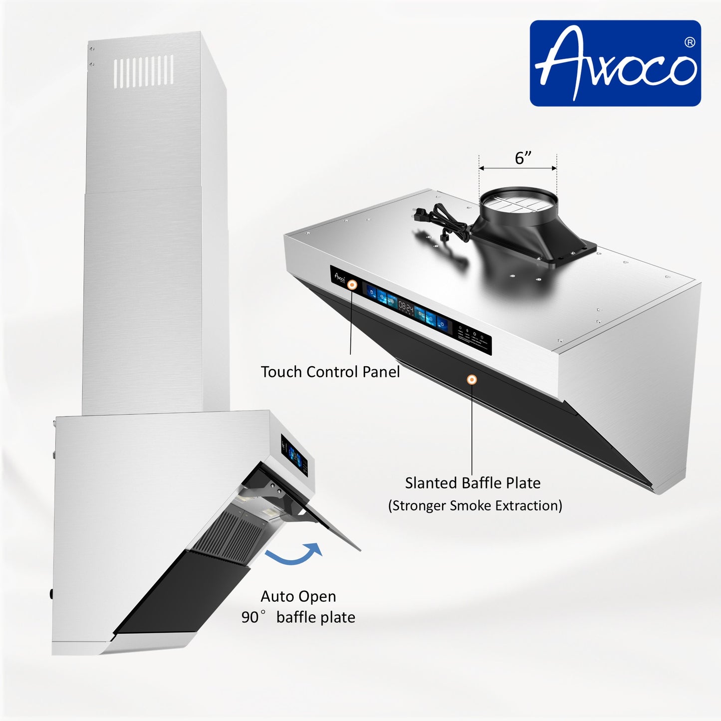 Awoco 30" Wall Mount Range Hood, Slant Vent Design, 4 Speeds Exhaust Fan with 800 CFM, Voice, Gesture, Touch & Remote Control, 6" Vent, Dimmable LED Light Bars, Adjustable Chimney up to 39"