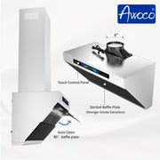 Awoco 30" Wall Mount Range Hood, Slant Vent Design, 4 Speeds Exhaust Fan with 800 CFM, Voice, Gesture, Touch & Remote Control, 6" Vent, Dimmable LED Light Bars, Adjustable Chimney up to 39"